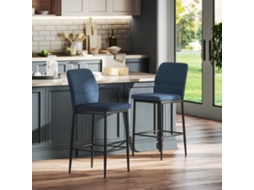 Conjunto de 2 Banquetas Altas com Estofamento em Veludo e Pés de Aço para Cozinha, Sala de Jantar Ou Bar, 41x52x97 Cm, Azul.