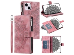 Capa De Couro Pu Com Estampa De Mandala Floral Em Relevo Para Iphone 15, Com Zíper, Capa Carteira E Alça Multicolorida.