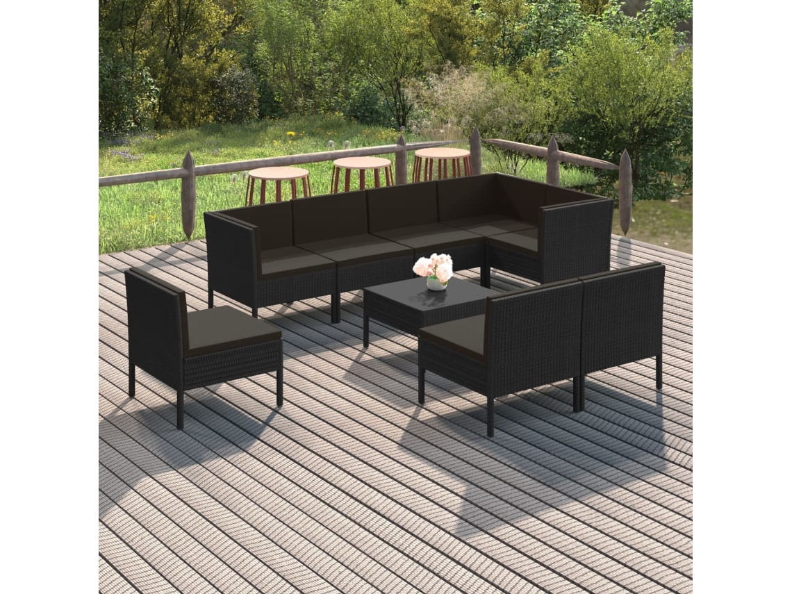 Vidaxl 9 Pcs Conjunto Lounge De Jardim C/ Almofadões Vime Pe Preto