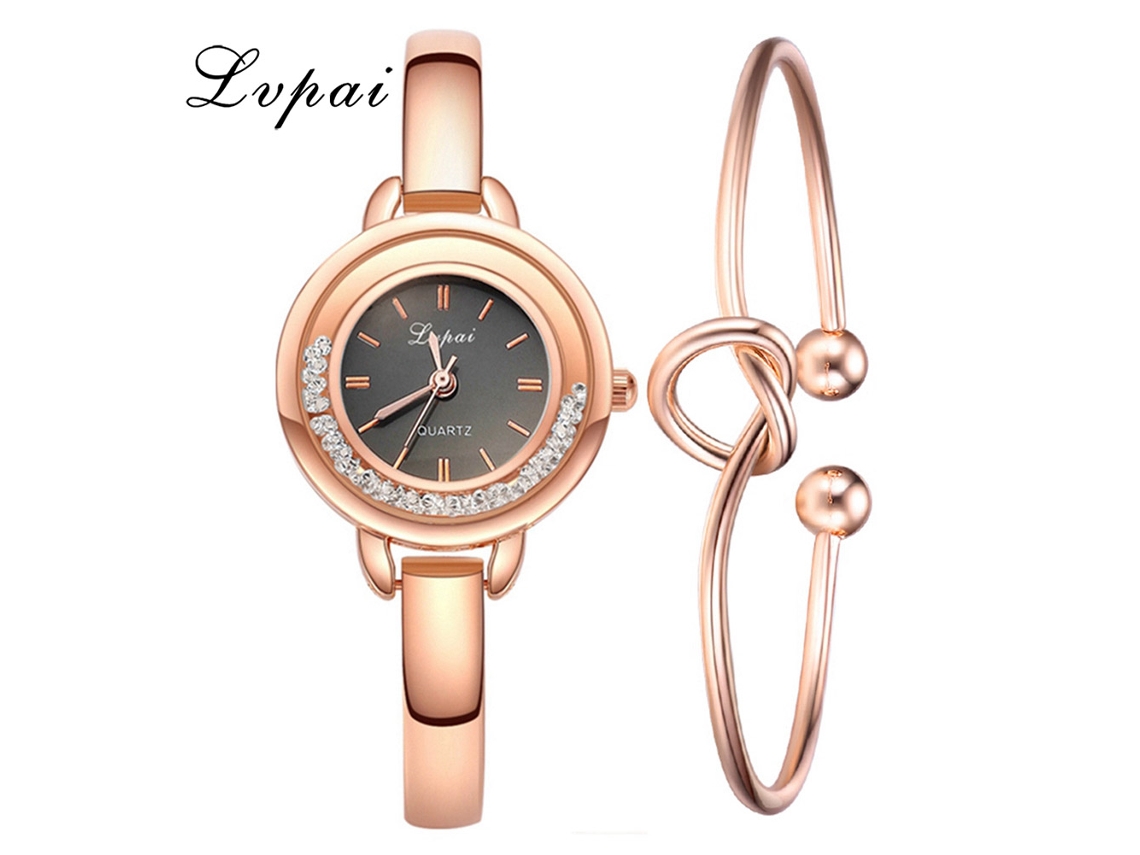 Relógio de Pulsera Feminino de Quartzo Casual Elegante com Strass Ouro Rosa Preto