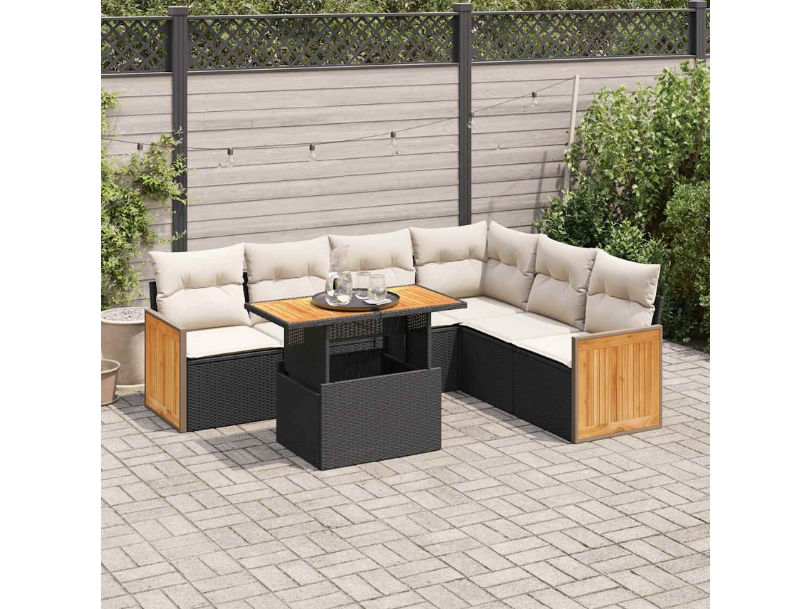 Vidaxl 7 Pcs Conjunto Sofás Jardim C/ Almofadões Vime Pe/acácia Preto