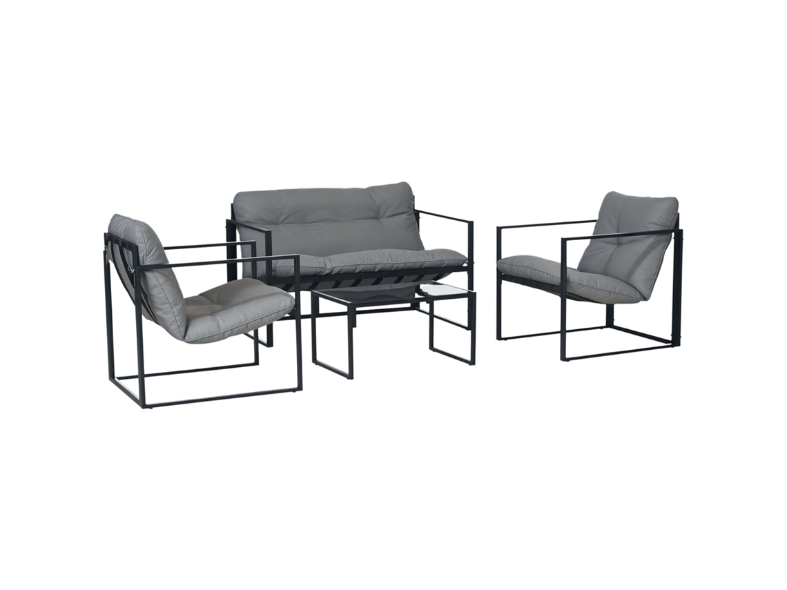 Conjunto de Jardim de 4 Peças com Sofá, 2 Poltronas e Mesa de Centro, em Aço, Poliéster e Algodão Pp, Preto e Cinza. PRIME KANG