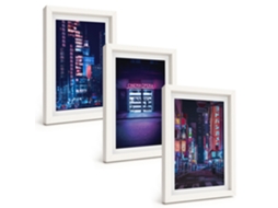 Quadros Decorativos Para Parede Cidade Noturna, Entrada Neon Moldura Branca Pinturas De Quarto Espelharte (3 Peças 20x30 Cm)