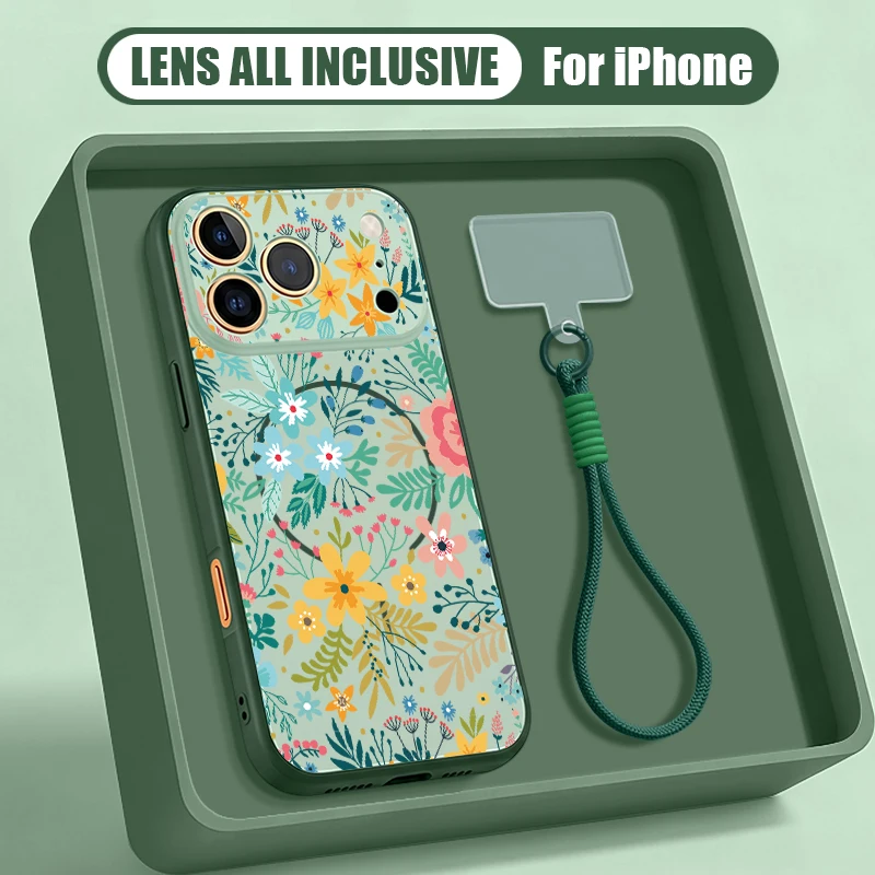 Capa Rígida Para Iphone 13 Com Cordão Magnético E Estampa De Flores De Desenho Animado (verde).