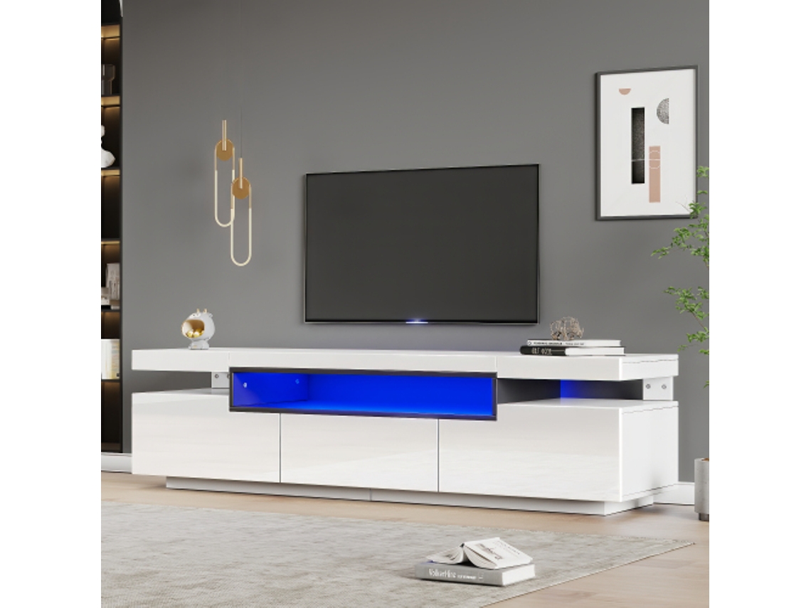 Elegante Móvel De Tv De Alto Brilho 160x39x42cm Branco Com Iluminação Led De 16 Cores Espaço Para Tvs De 70 Polegadas Inclui 3 Gave Hvorstur