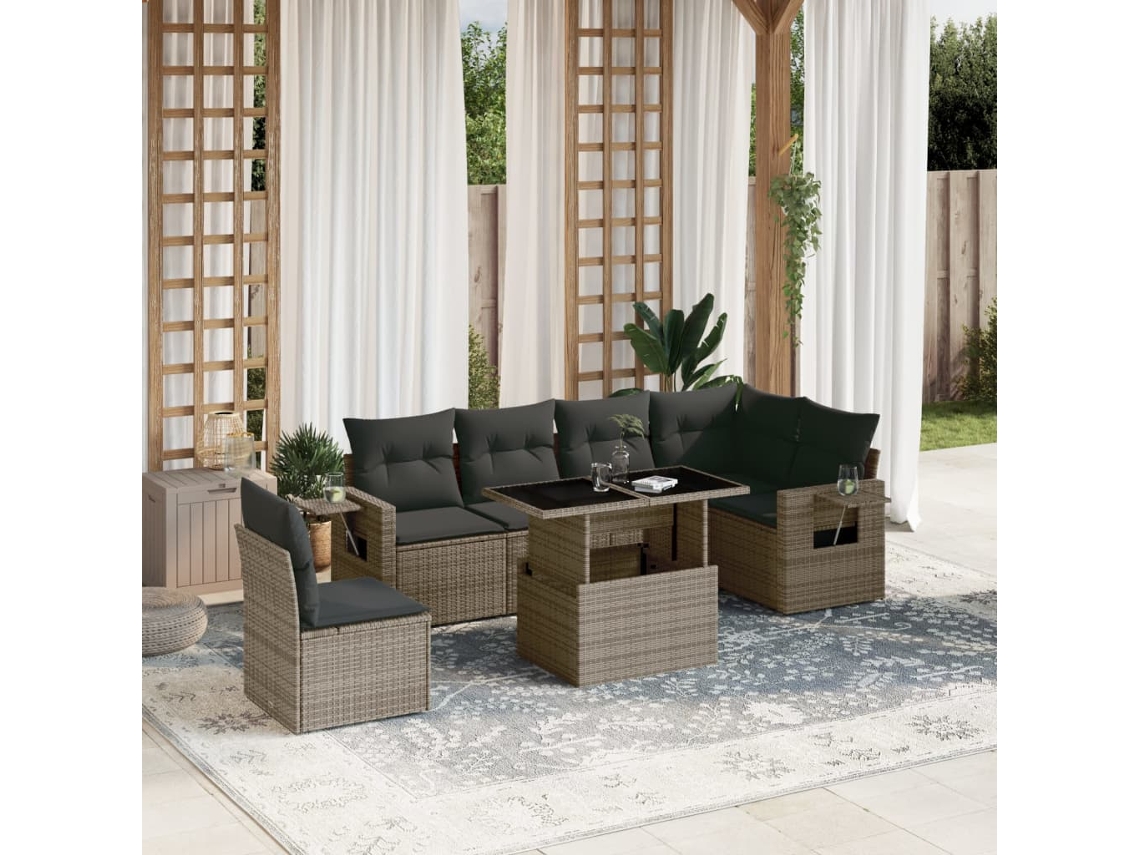 Vidaxl 7 Pcs Conjunto Sofás P/ Jardim C/ Almofadões Vime Pe Cinzento