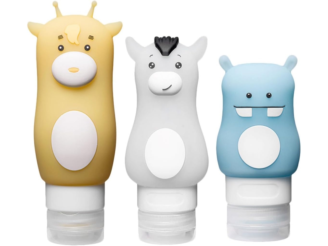 Conjunto de 3 frascos de viagem de silicone com estampa animal para shampoo