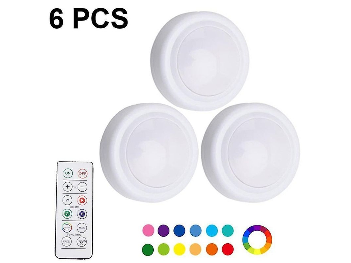 6 Luzes De Noite Led Com 16 Cores, Controle Remoto, Timer, Sem Fio, Para Armários E Ambientes