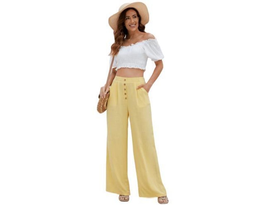 2026 calças Largas de Algodão e Linho para Mulher com Cintura Alta e Bolsos Verão Flowy XXL Amarillo