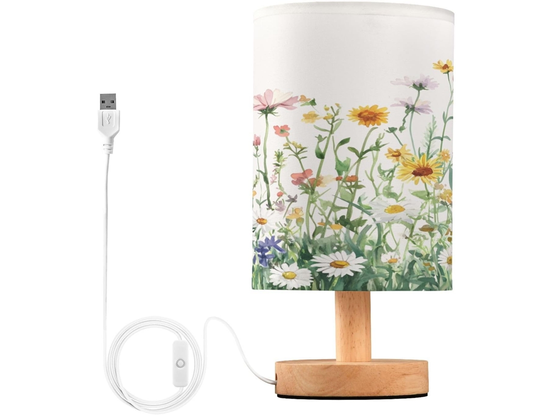Abaixo da cabeceira com estampa de flores silvestres da primavera, com suportes para transporte USB-C, luminária de mesa.