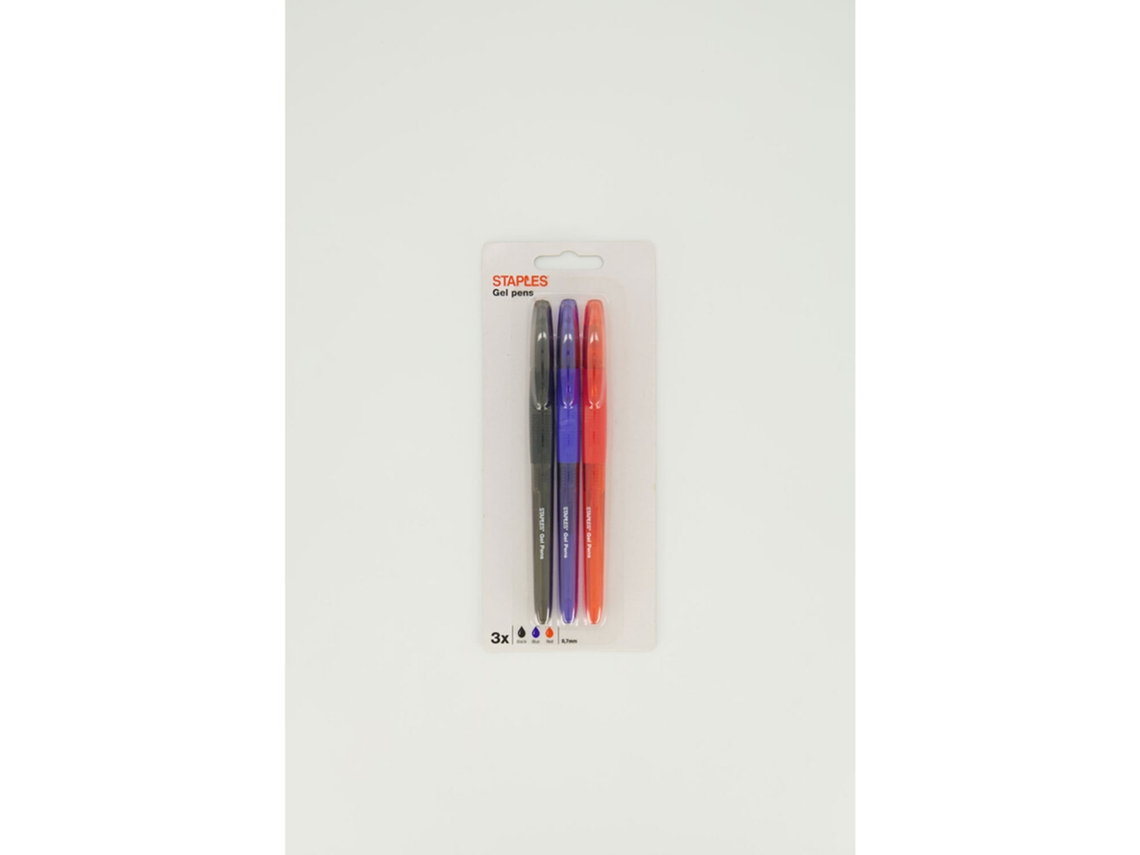 Esferográfica STAPLES Gel Ponta Média de 0 7 Mm Tinta Preta Azul e Vermelha 3 Unidades