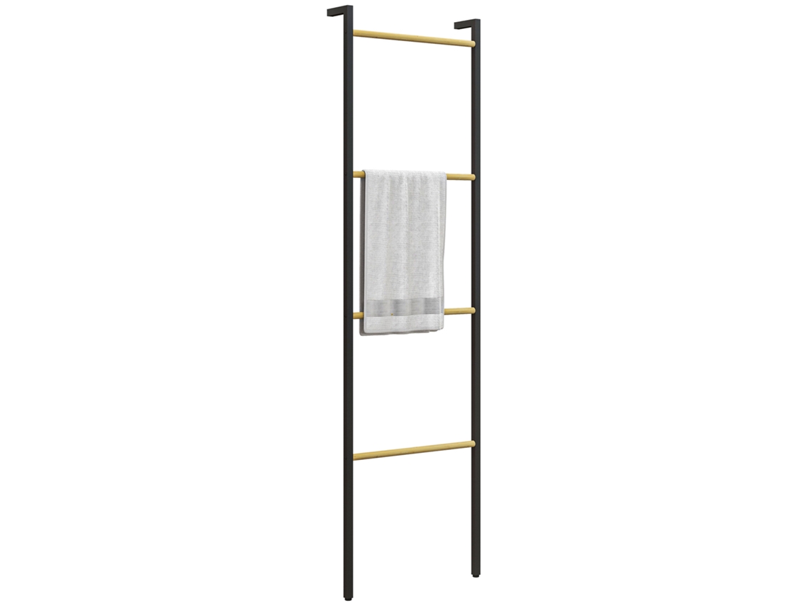 Suporte De Toalhas Mural Com 4 Barras Em Bambu E Estrutura Em Aço, 49×5,5×167,5 Cm, Preto Natural.