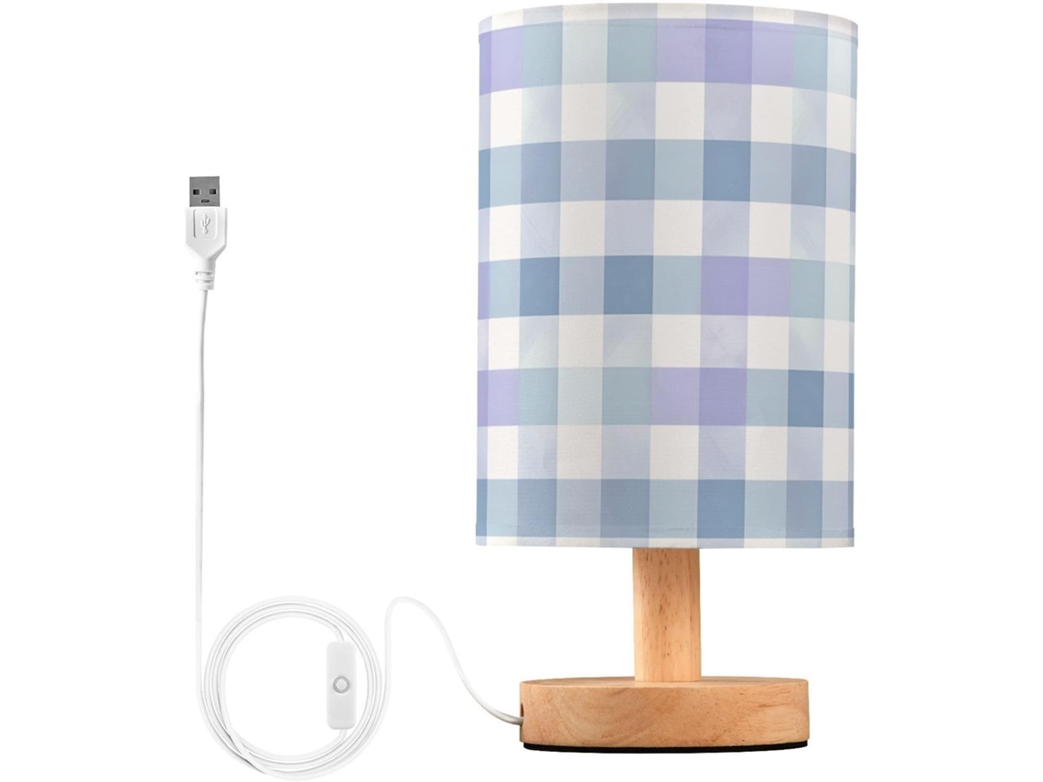 Abajur De Cabeceira Mnsruu Com Estampa Xadrez Azul, Roxa E Branca, Led, Cúpula De Tecido, Luminária Pequena Para Quarto