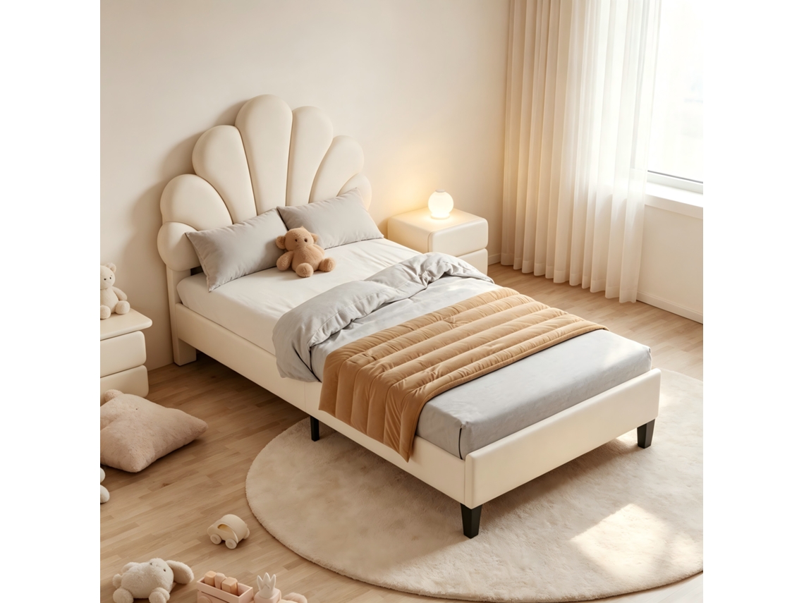 Polsterbett 90x200 Cm Kinderbett,bettgestell Mit Blumenförmigem Kopfteil Und Lattenrost,samtstoff,einzelbett Beige Für Teenager Und Gäste