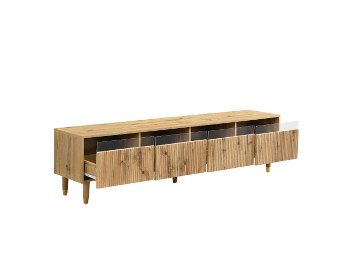 Móvel de TV moderno com aparência de madeira, 178 cm, amplo armazenamento com 4 gavetas, MDF e acrílico DELCOND