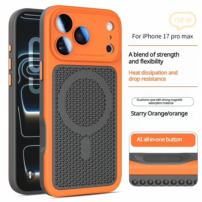 Capa Magnética Para Celular (iphone 17 Laranja) Com Proteção Para Lente E Sistema De Dissipação De Calor.
