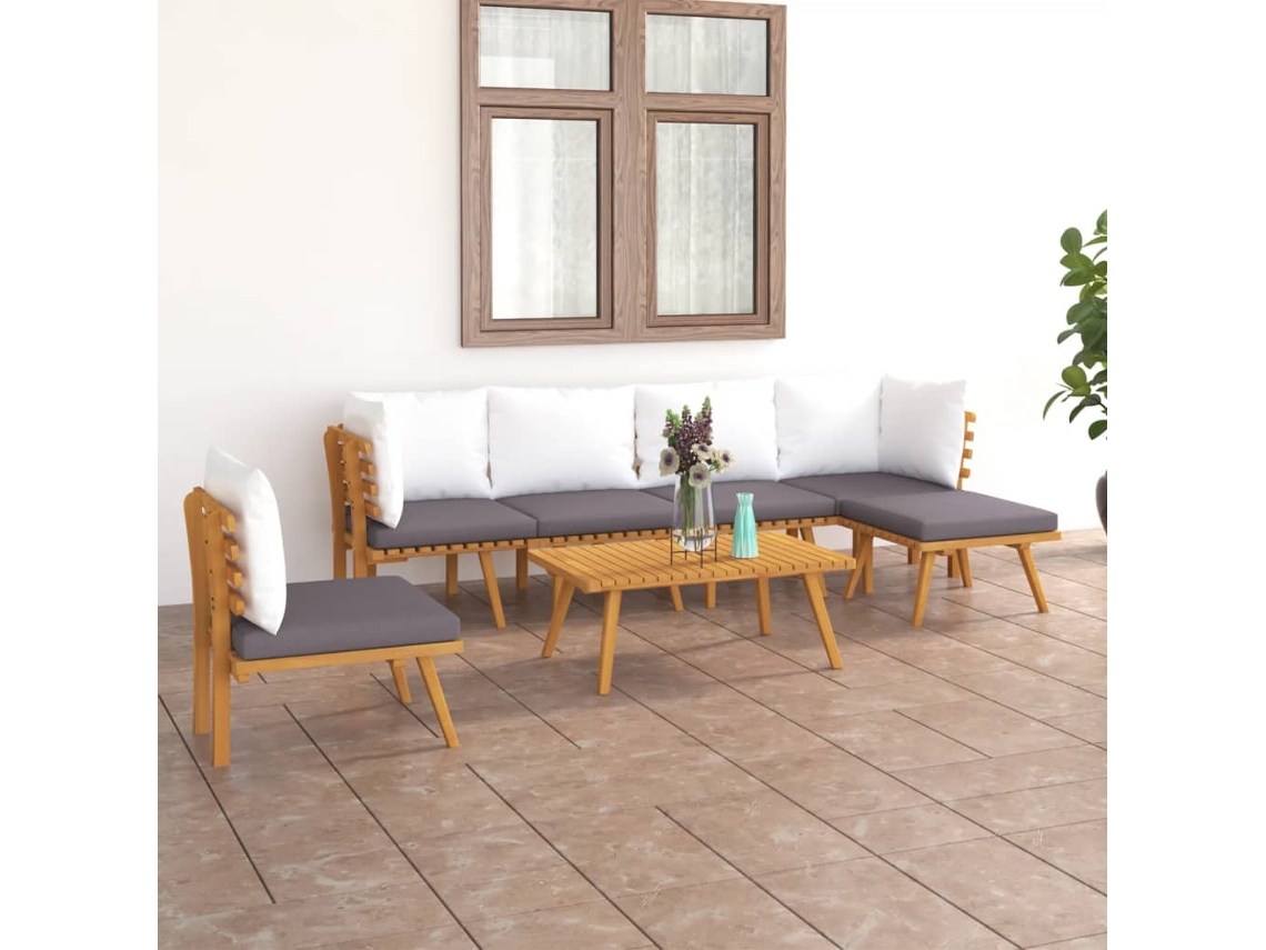 Vidaxl 7 Pcs Conjunto Lounge De Jardim C/ Almofadões Acácia Maciça