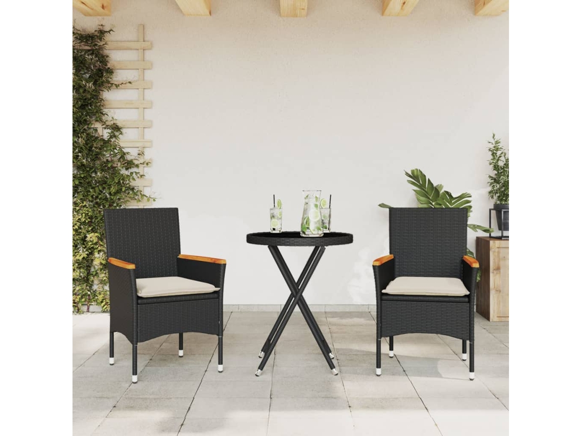Vidaxl 3 Pcs Conjunto De Bistrô Com Almofadões Vime Pe/vidro Preto