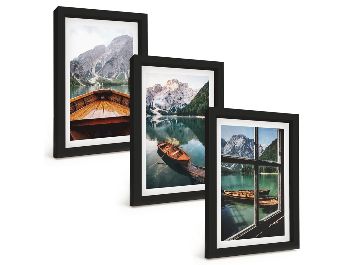 Conjunto De Pinturas Lago De Montanha, Barcos, Janela Moldura Preta Quadros Para A Sala De Estar Espelharte (3 Peças 20x30 Cm)
