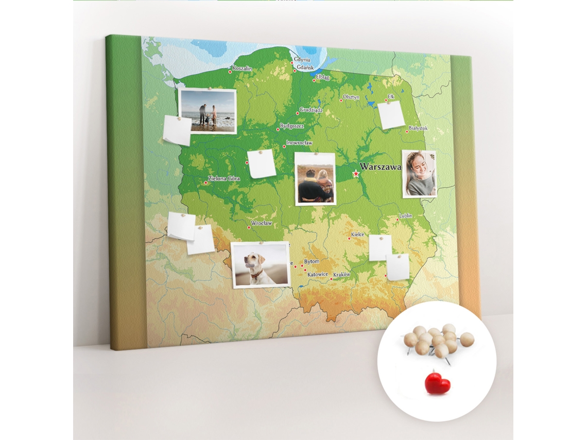 Painel De Cortiça Para Parede Mapa Físico Da Polónia Para A Sala De Estar Espelharte (140x100 Cm)