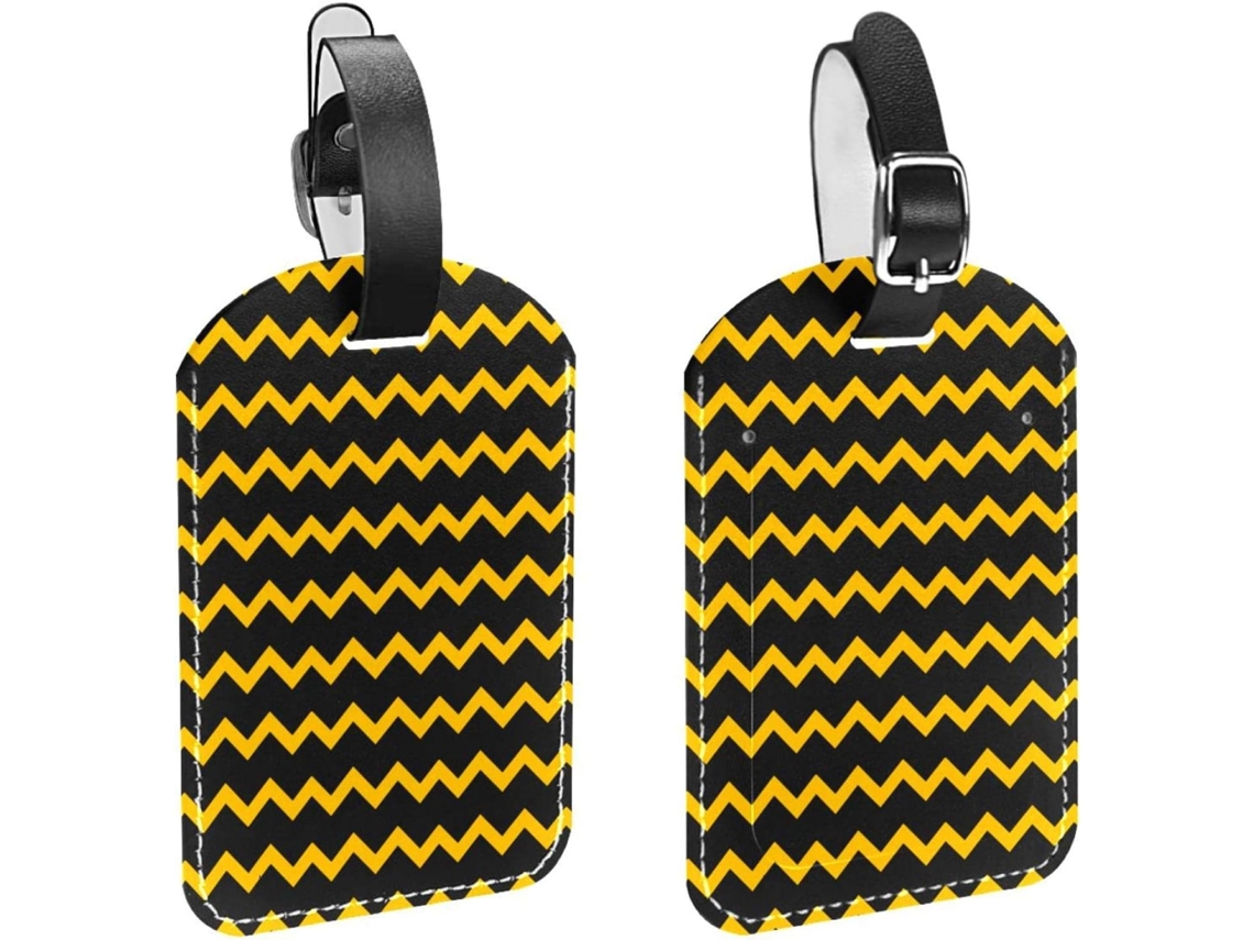 Conjunto De 2 Etiquetas Bagagem Em Couro Sintético Com Estampa Ondas Preto E Amarelo