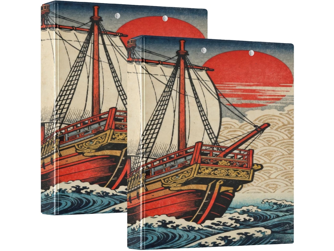 Pasta com estampa de ondas do oceano japonês, 3,8 cm, 1-1 2 Polegadas, 3 aros com camada de bolsa, pacote com 1 2 adesivos.