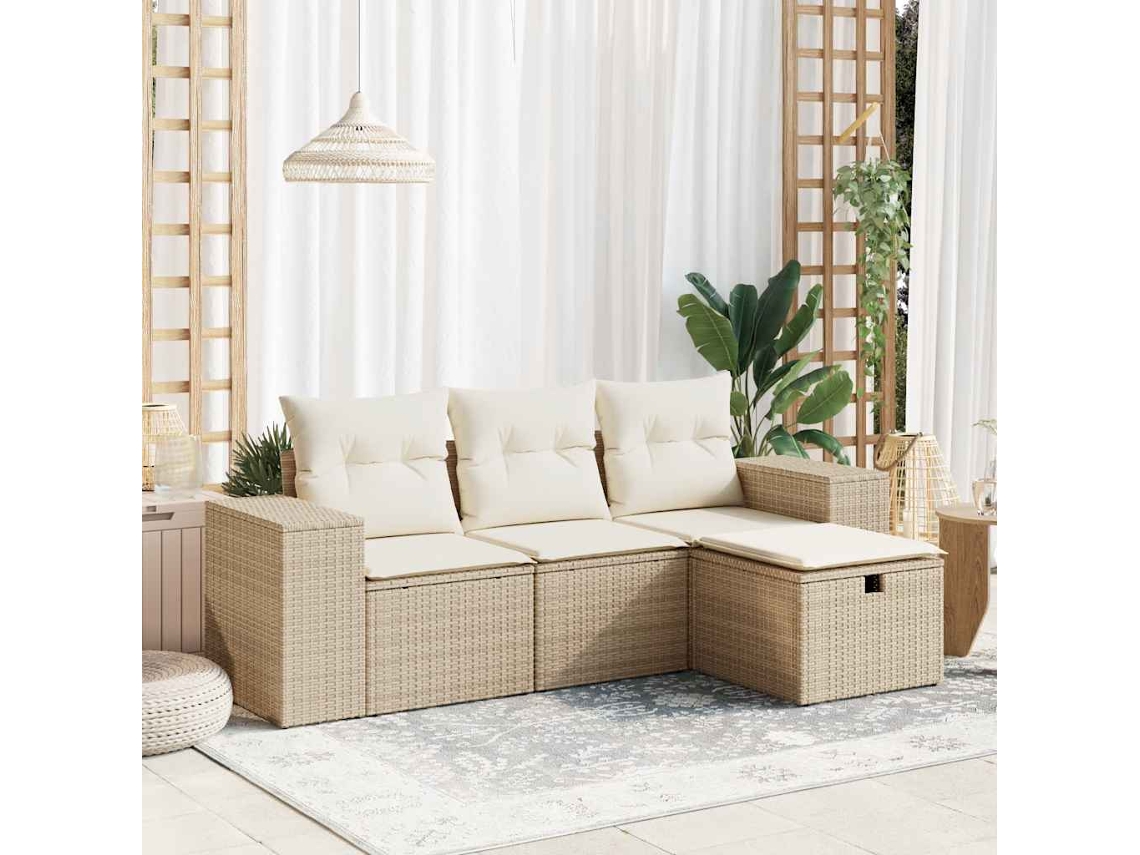 4 Pcs Conjunto De Sofás Para Jardimconjuntos Relax Jardimconjunto De Jantar C/ Almofadões Vime Pe Bege Cfw415687 Lovely Home