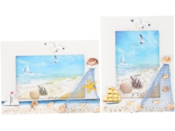 Conjunto 2 Porta Retratos Náuticos Madeira 15 Decoração Mediterrânea Conchas Criativos Escritório Estar Oceano GOKOCO
