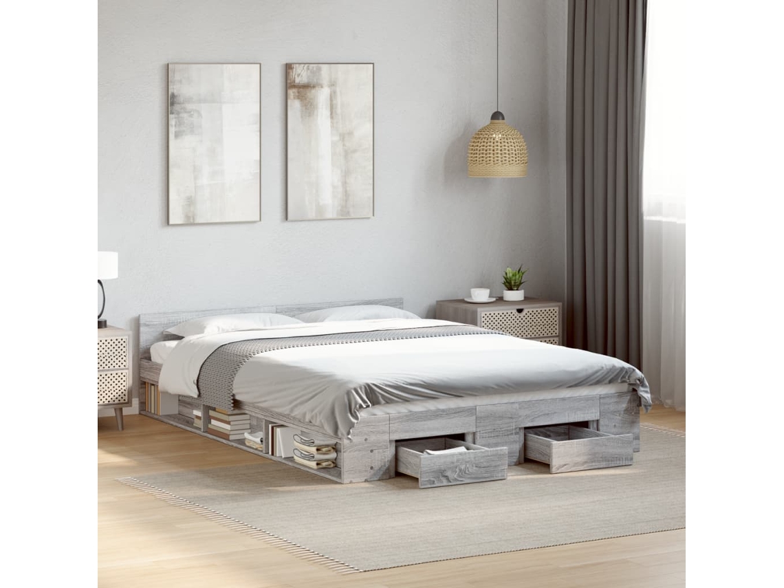 Vidaxl Estrutura De Cama C/ Gavetas Derivados Madeira Cinza Sonoma