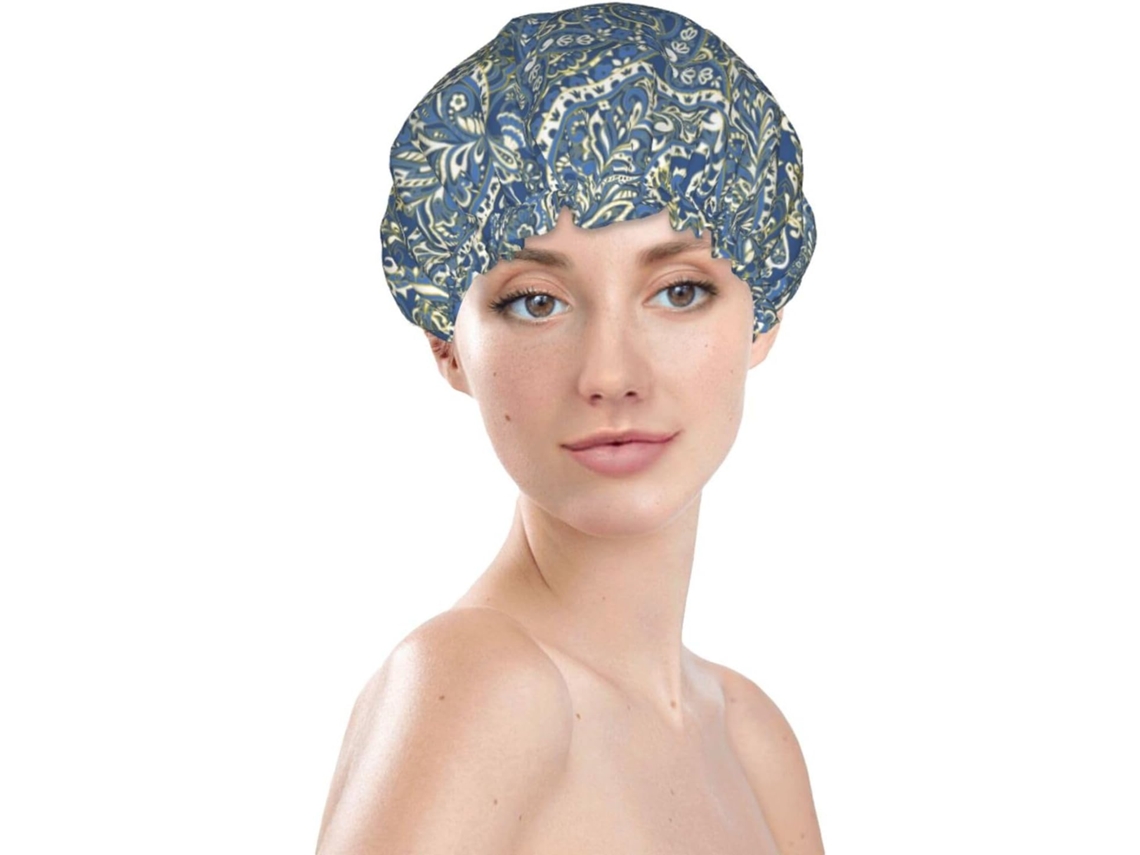 Touca De Banho Feminina, Reutilizável, Impermeável, Dupla Camada, Com Elástico, Para Cabelos Longos, Estampa Paisley Nº