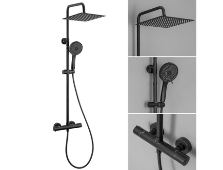 Coluna de duche termostática em aço inoxidável preto, altura regulável de 88 a 124 cm, 5 modos de chuveiro de mão, casa de banho Derw Max