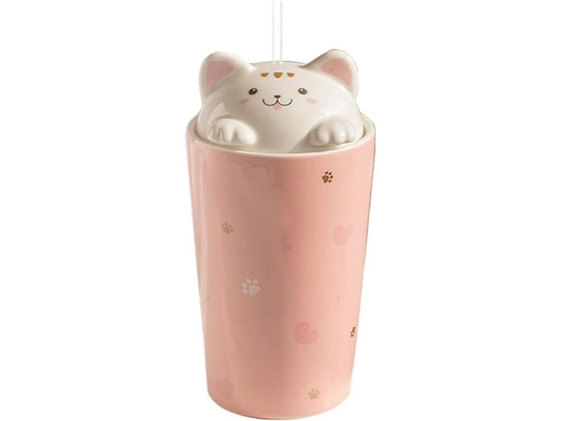 Taza De Café Con Gatito, Taza De Viaje Cerámica Con Tapa 3d, Reutilizable Para Té, Leche, Bubble Tea Rosa 480ml