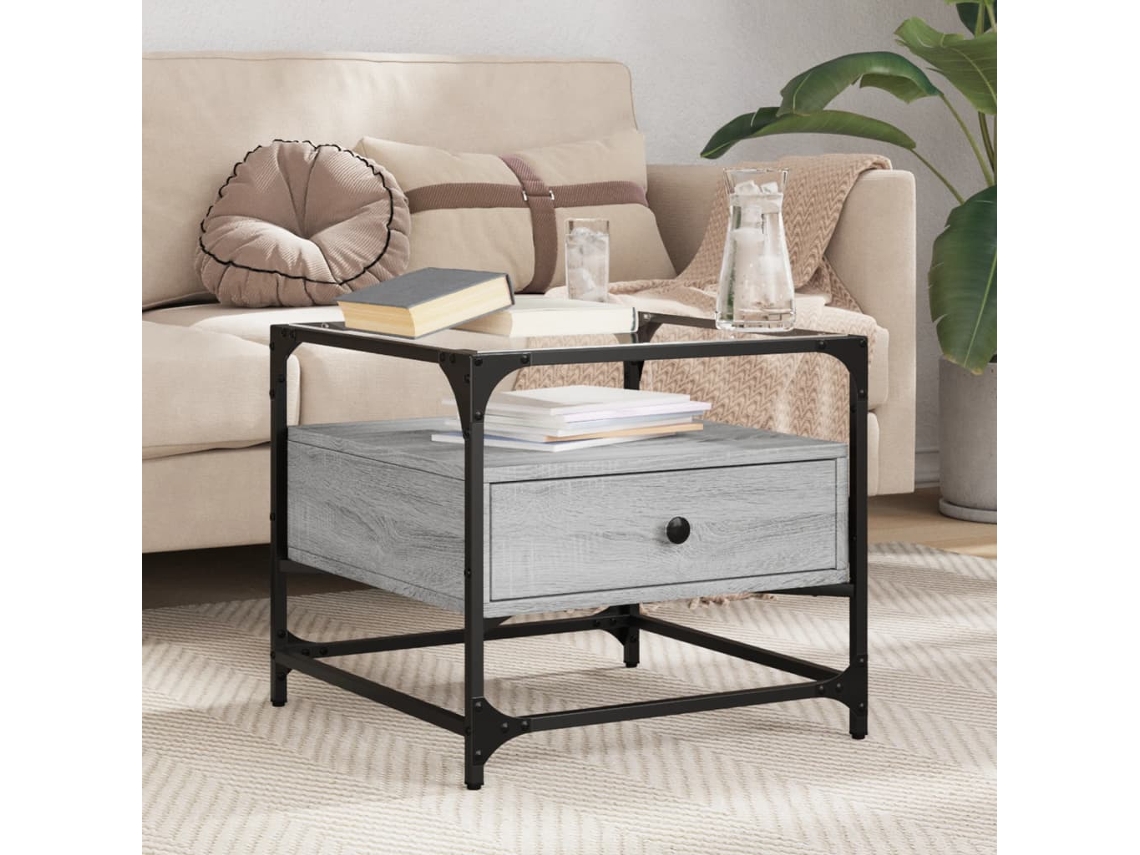 Vidaxl Mesa De Centro C/ Topo De Vidro 50x50x45 Cm Cinza Sonoma Aço