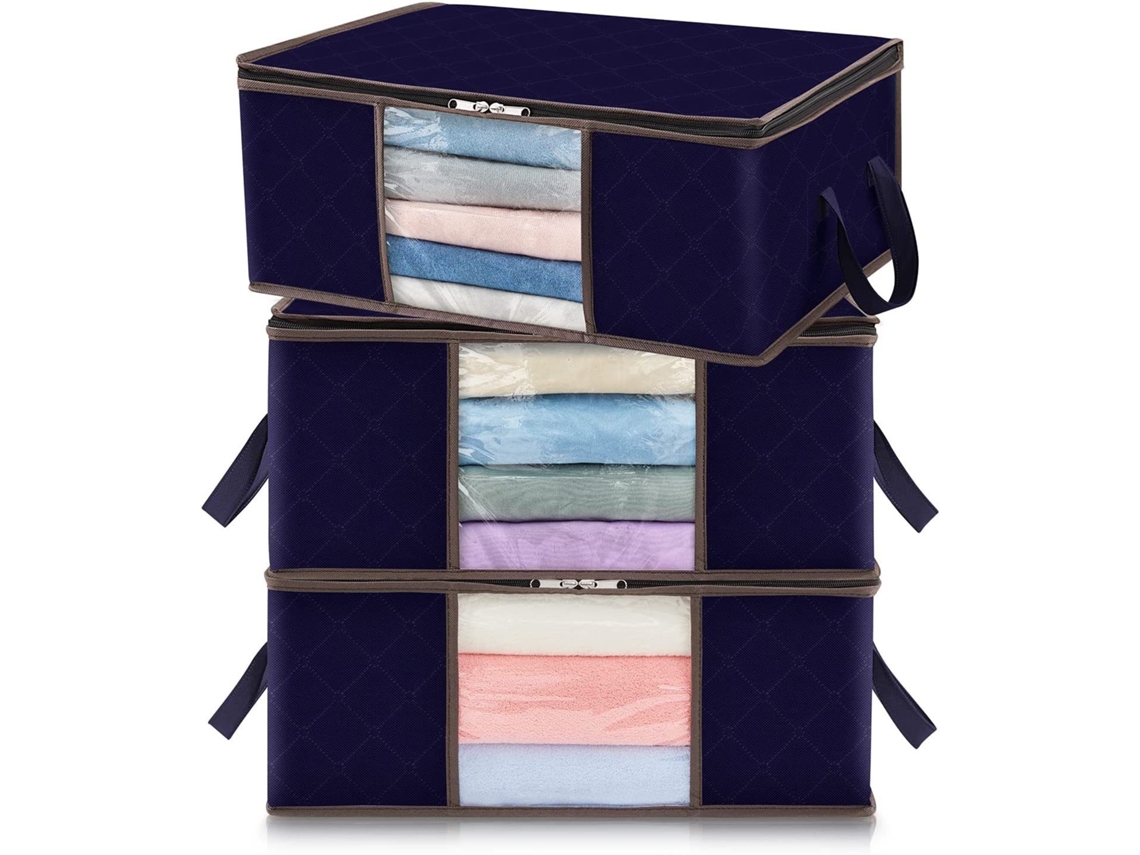 Conjunto De 3 Sacos Organizadores De Roupa De 35l, Azul Marinho, Dobráveis, Para Debaixo Da Cama