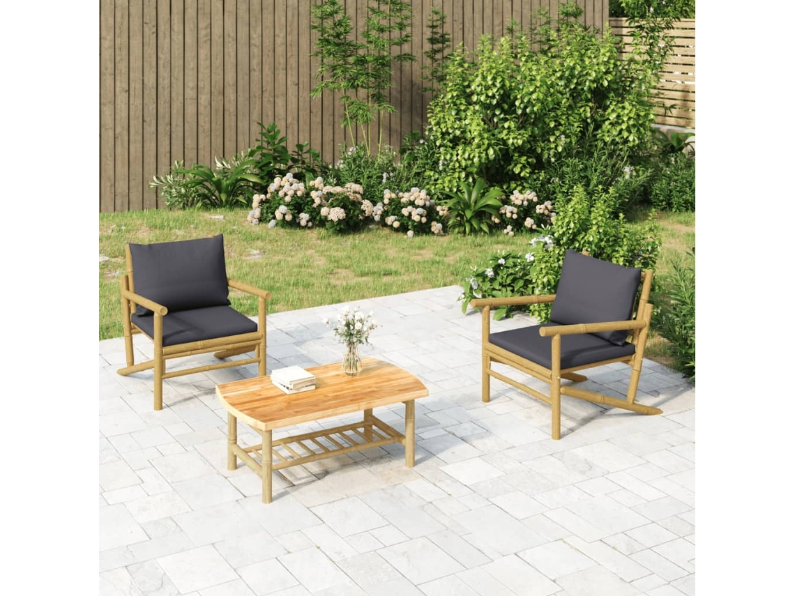 Conjunto 3pcs Lounge De Jardim Bambu C/ Almofadas Cinza Escuro Dkd Home Decor