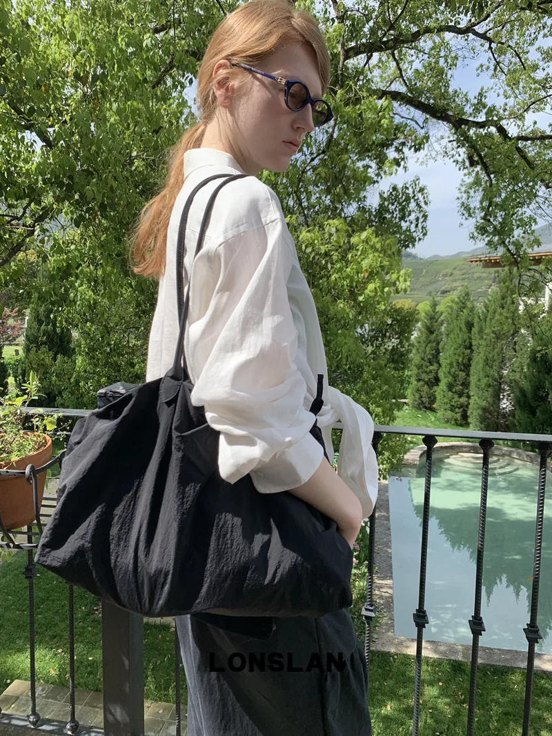 Bolsa Feminina De Nylon Preta Com Cordão, Bolsa De Viagem/compras De Grande Capacidade