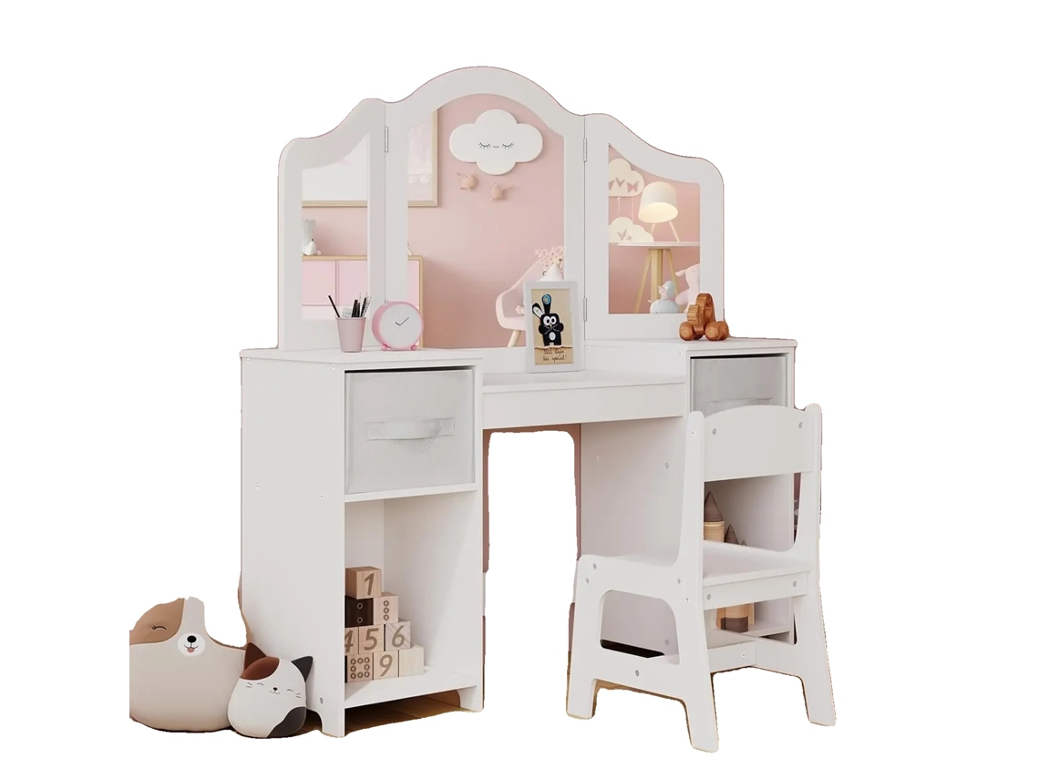Vanidade Infantil, Mesa De Maquiagem De Madeira, Espelho Triplo Desmontável, Branco