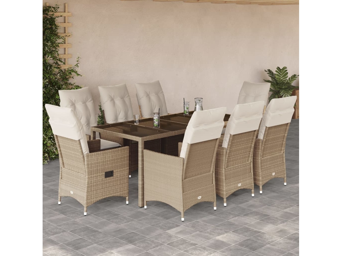 Vidaxl 9 Pcs Conjunto De Jantar P/ Jardim Com Almofadões Vime Pe Bege