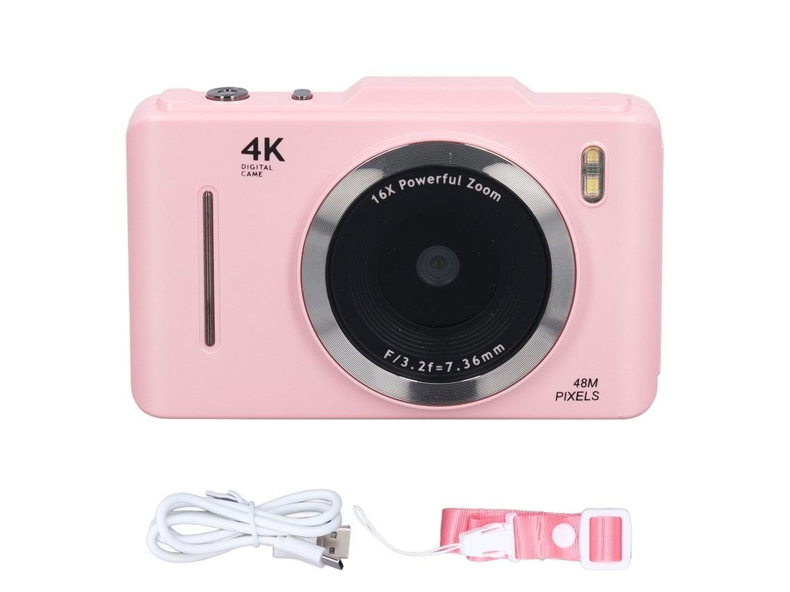 Câmera digital retrô com sensor CCD 4K de 48MP, zoom óptico de 16x, corpo em tecido de 2,8 polegadas, cor rosa, feita de Aquaforge.