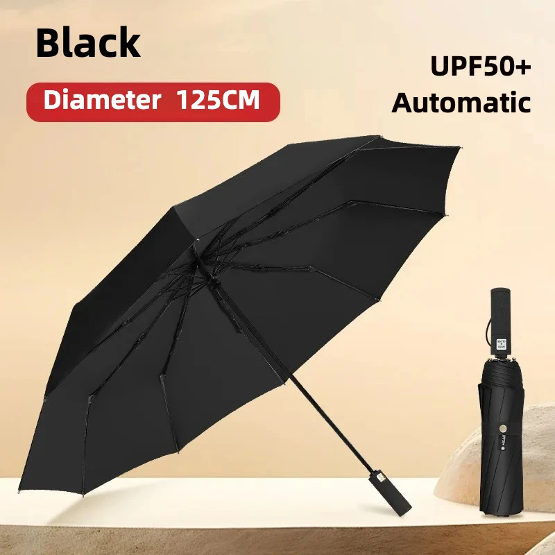 (preto 10k) Guarda-chuva Dobrável Automático Extra Grande De 125 Cm, Material De Vinil, Upf50+