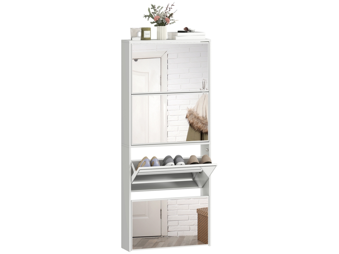 Armário De Sapatos Fino Com 4 Portas Dobráveis Espelhadas, Superfície Superior Para 12 Pares, Madeira, 63x17x146 Cm, Branco