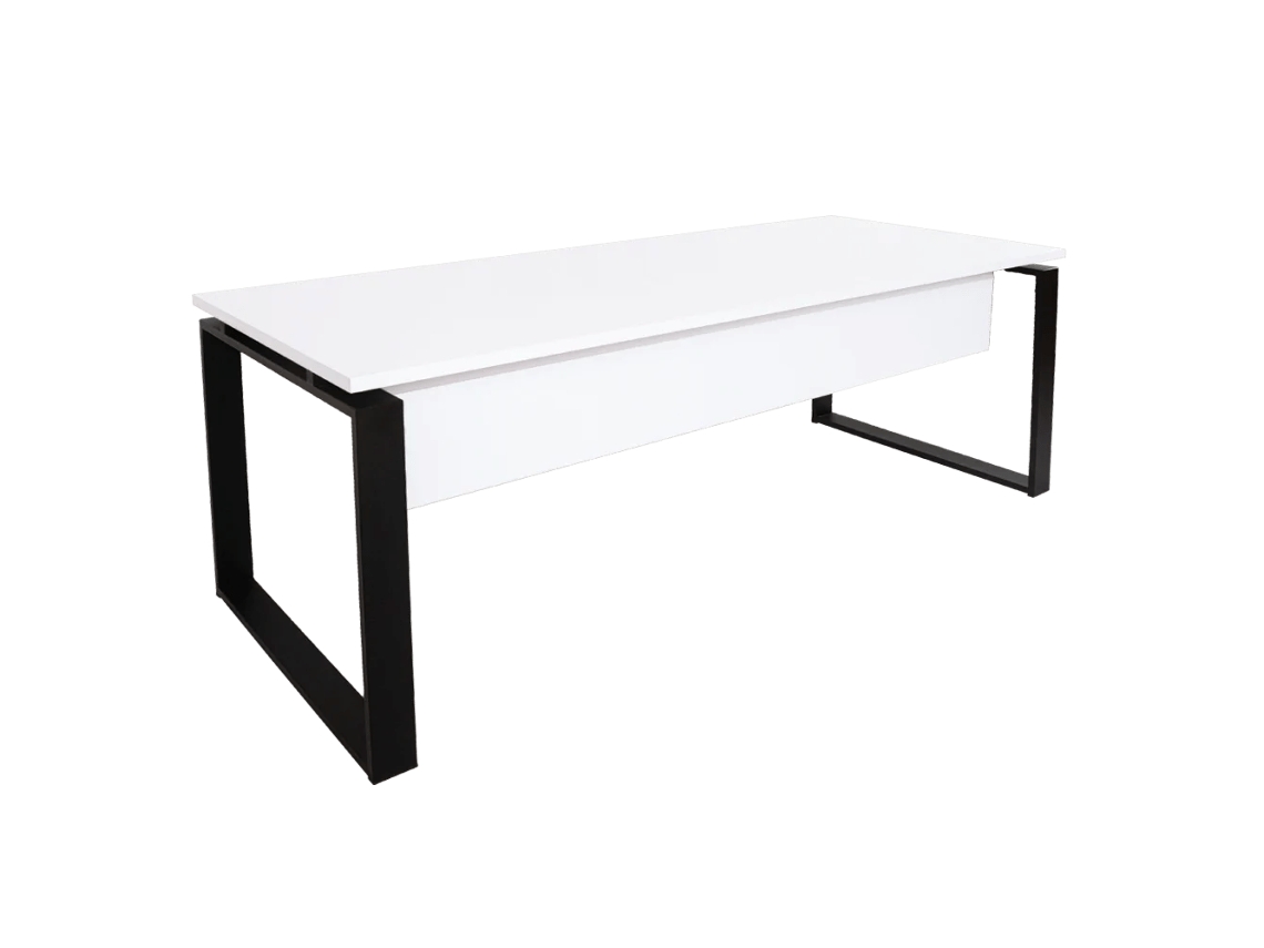Mesa-Mesa com Saia. Estrutura metálica aberta preta. 180x60cm. Branco. OFILIKE