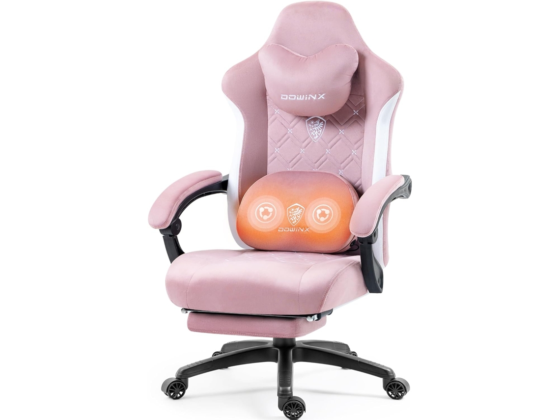 Cadeira Gaming Dowinx Com Massagem E Aquecimento Lombar, Apoio Para Pés Incluído, Reclinação 155°, Suporta Até 158 Kg , Rosa