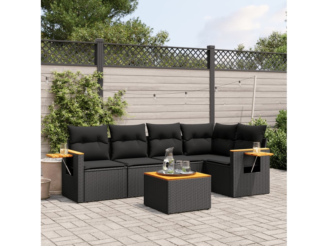 Vidaxl 6 Pcs Conjunto Sofás De Jardim C/ Almofadões Vime Pe Preto