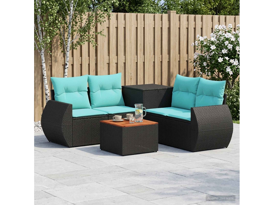 Vidaxl Conjunto De Sofás 6 Unid. Preto E Azul Rattan Poliéster E Aço