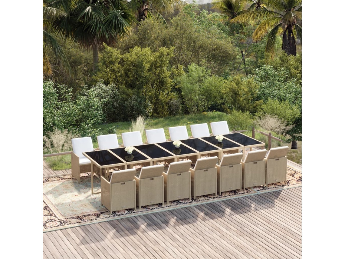 Vidaxl 15 Pcs Conjunto Jantar P/ Jardim C/ Almofadões Vime Pe Bege