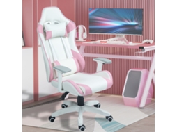 Cadeira Gaming Reclinável Almofada Lombar Apoio Cabeça Basculante Altura Ajustável 67x60x120-128cm Branco Rosa