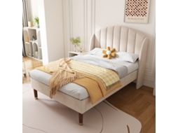 Cama estofada 90x200 cm com estrado de ripas, veludo bege, ideal para adolescentes VSOGA