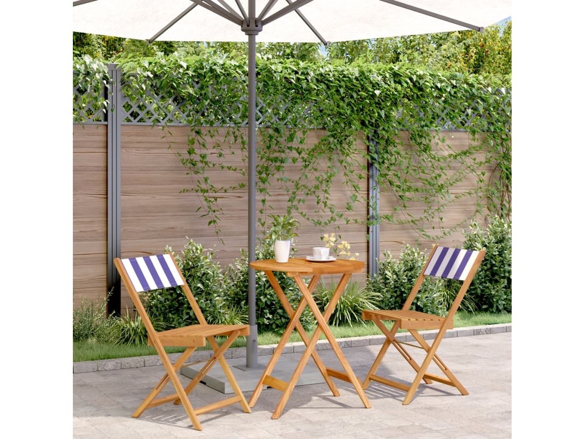 Vidaxl 3pcs Conjunto Bistrô Tecido/madeira Maciça Padrão Azul e Branco
