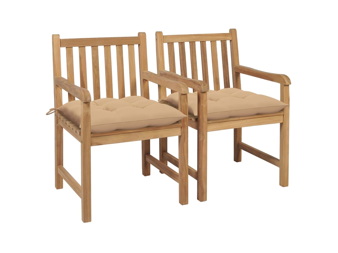 Vidaxl Cadeiras De Jardim C/ Almofadões Beges 2 Pcs Teca Maciça